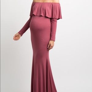 MATERNITY-pink long sleeve off shoulder gown
